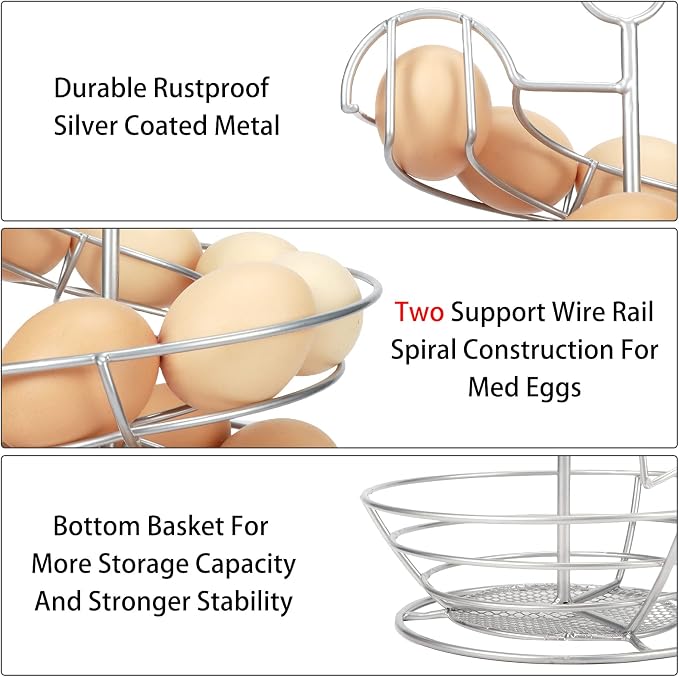 QUTREY Silver Metal Egg Holder Countertop, Spiral Design Egg Skelter Dispenser Rack with Egg Storage Basket for Kitchen - Image 3