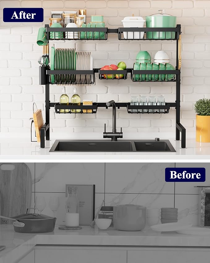 Kitsure Adjustable Over The Sink Dish Drying Rack, 31.5" -39.4" x 30.3" | Sink Drying Rack for Kitchen Sink, Dish Rack Over Sink with Cutlery & Utensil Holders, Kitchen Storage, Black - Image 7