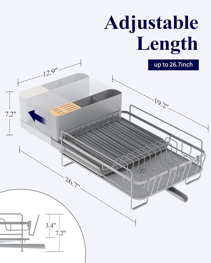 Kitsure Extendable Dish Drying Rack, 19.2"-26.7" L x 12.9" W, Sliver | Large Dish Rack, Multifunctional Dish Rack for Kitchen Counter, Anti-Rust Dish Drainers with Cutlery & Cup Holders - Image 2