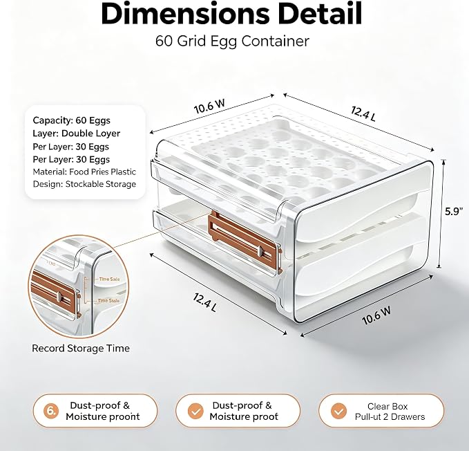 Sooyee Egg Holder for Fridge, Clear, 2 Drawers 60 Eggs | Eggs Organizer for Refrigerator,Space-Saving Egg Container, Clear Acrliy 2-Tier Egg Tray Storage for Kitchen - Image 5