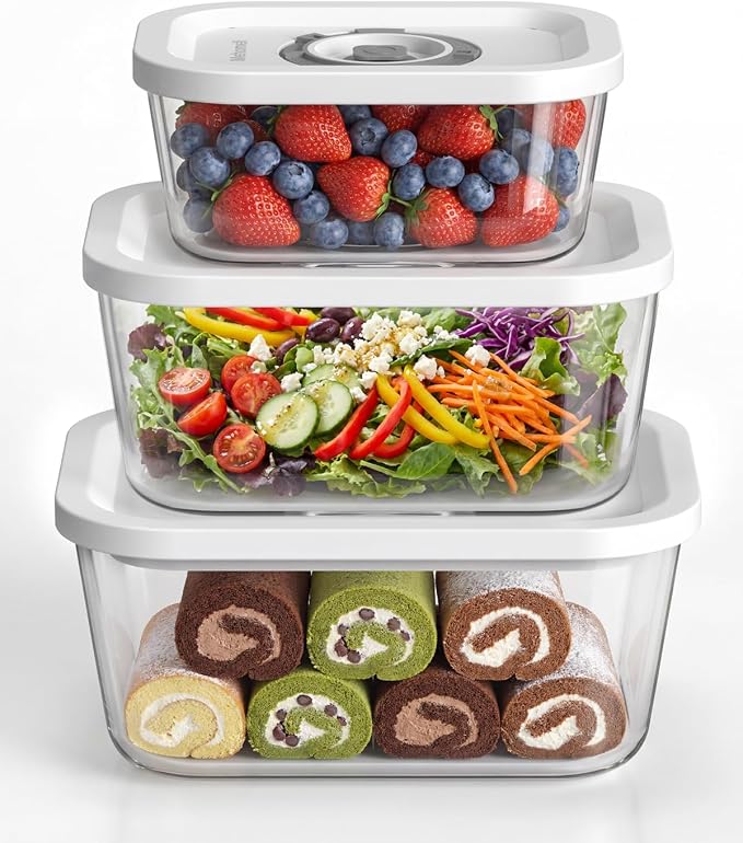Glass Vacuum Seal Containers, 3-Piece Set, Small Medium Large | BPA-free, Borosilicate Glass, Date-tracking lids, Ideal for liquids and delicate foods, Works with handheld vacuum sealers by Mehomeli
