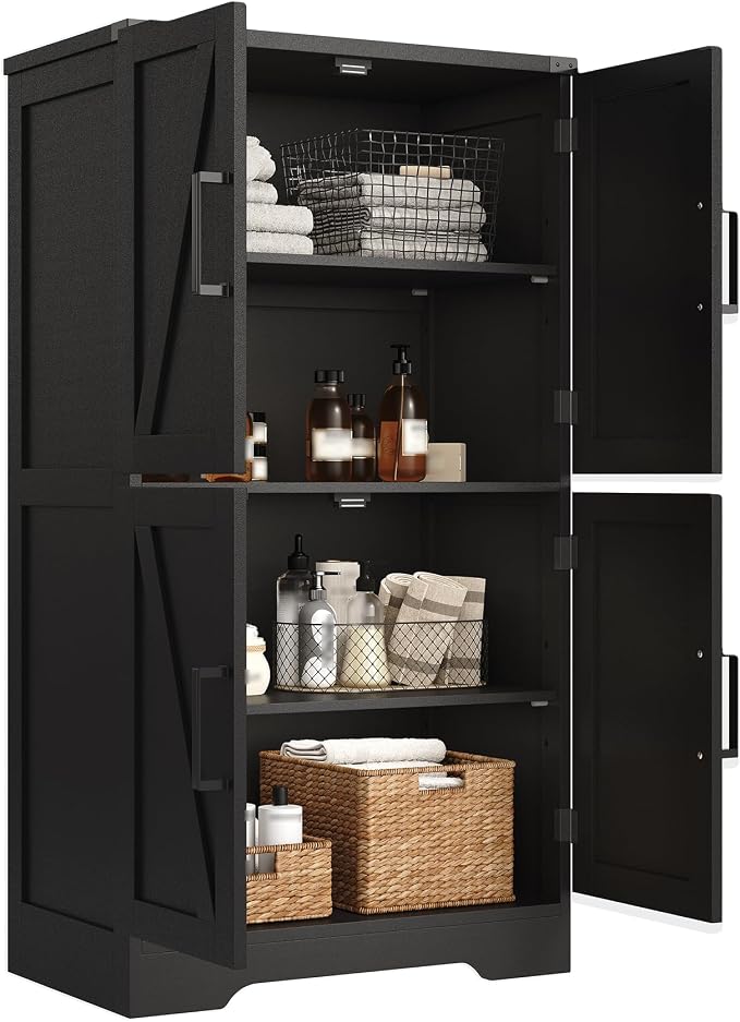 Treocho Farmhouse Bathroom Floor Cabinet with Adjustable Shelves | 13.78"D x 23.62"W x 43.46"H, Freestanding Kitchen Pantry Cabinet, Cupboard for Living Room, Dining Room, Black - Image 9