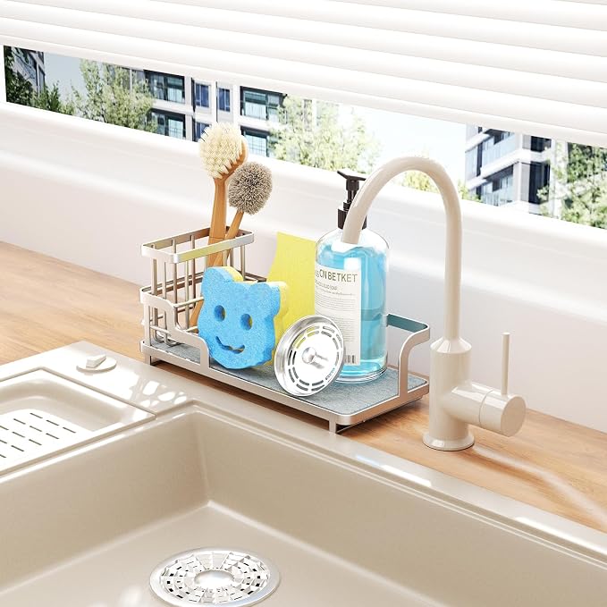 Consumest Sponge Holder for Kitchen Sink - Sink Caddy Organizer with Water Absorbing Stone Tray, Detachable Brush Holder, Stainless Steel Kitchen Counter Organizer Rack, Sand Nickel - Image 6