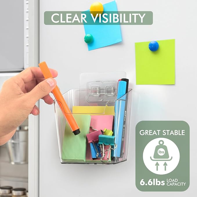 Clear Adhesive Wall Storage Bins, 4 Pack Cabinet Door Organizer Cups(Large) | Clear PET Hanging Wall Mount Pockets, Plastic Caddy for Shower Bathroom Makeup Office Craft Kitchen Sink RV Organization - Image 3