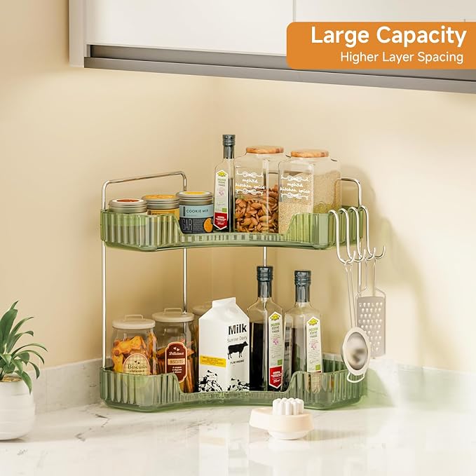 Corner Counter Organizer, 2-Tier Bathroom & Kitchen Storage Tray | PET Green Vanity Organizer Storage Countertop with Hooks for Skincare, Makeup & Jewelry - Image 7