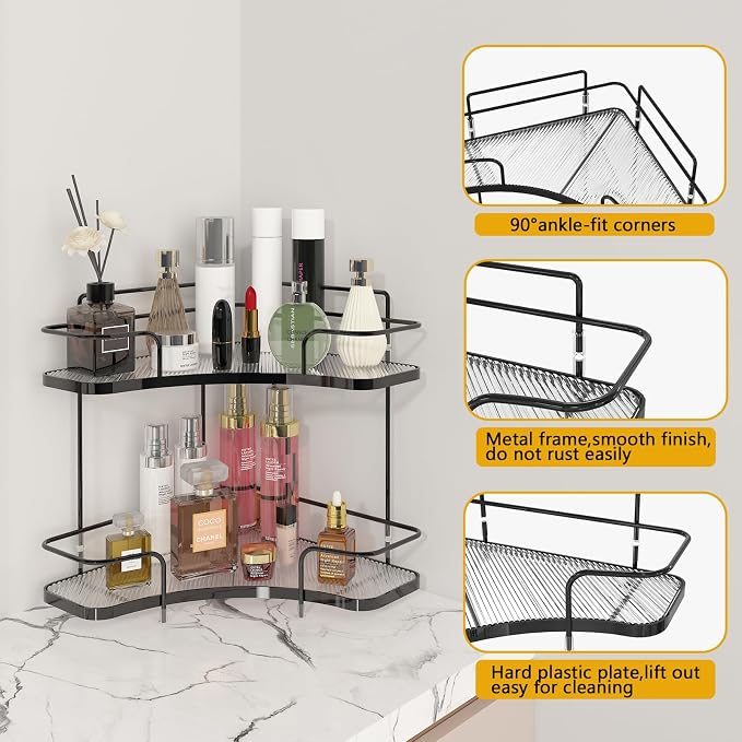 2 Tier Corner Bathroom Counter Organizer, Corner Makeup Organizer | Vanity, Perfume, Skincare Organizers, Kitchen, Bathroom Counter Storage, Tool-Free Assembly, Space-Saving, Black - Image 6