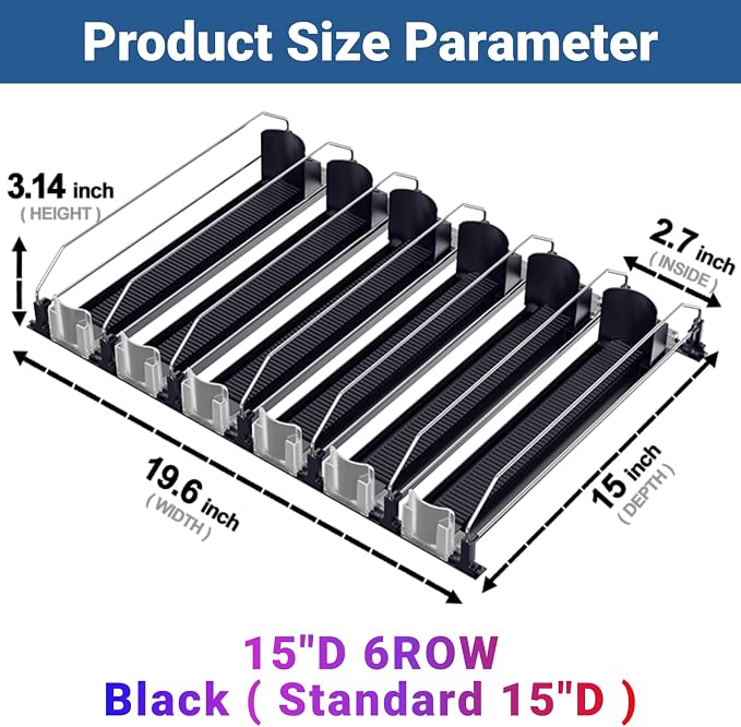 Drink Organizer for Fridge,12oz 16oz 20oz - Soda Can Dispenser for Refrigerator,Width Adjustable,Automatic Pusher Glide (Black, 15" D 6ROW, Holds 30 Cans) - Image 2