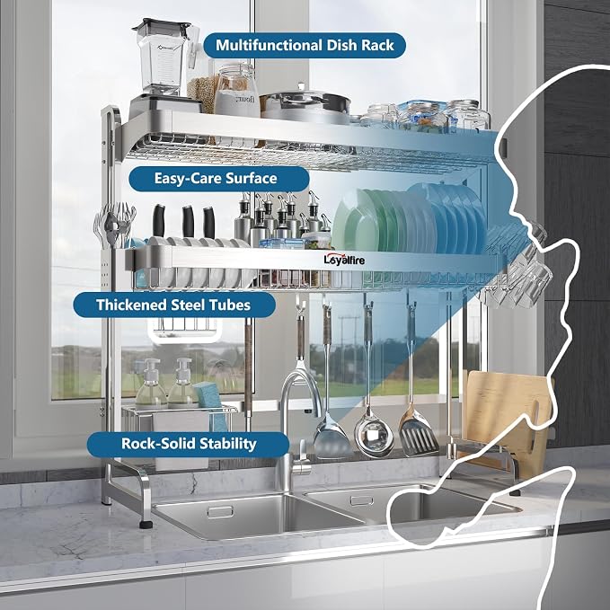Loyalfire Over Sink Dish Drying Rack, 3 Tier Adjustable Length (20.87'' to 37.6'') Full Stainless Steel Large Storage Kitchen Dish Rack, Expandable Drainer Shelf Rack with Multifunctional Organizers - Image 3