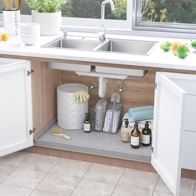 Waterproof Under Sink Mat 34"x22", Kitchen Cabinet Protector Liner | Deep Spill Guard, Easy Press to Drain, Dual Non-Slip Top & Bottom Tray for Bathroom, Pet Feeding, Organizers & Storage, Boots - Image 2