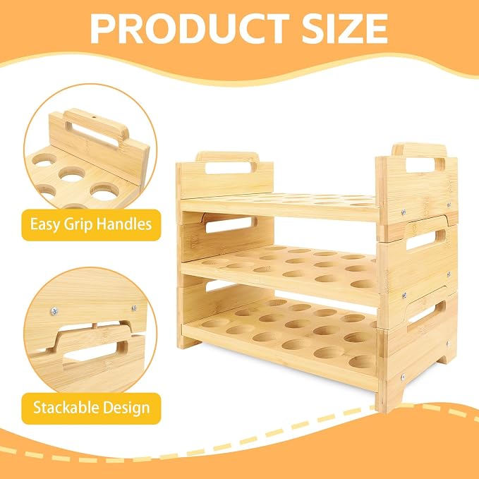 3-Tier Wooden Egg Holder Countertop, Farmhouse Stackable Wood Egg Organizer Stand, Divided Wood Counter Storage Rack for Duck Turkey Produce (Total 54 Slot) - Image 3