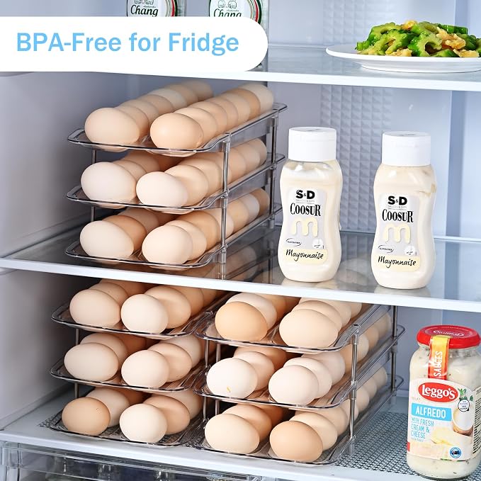 Egg Holder,4 Tier Clear Organizer with Auto-Roll Design, Adjustable Height Egg Storage Container Holds Up to 56 Eggs for Refrigerator,Kitchen Cabinet - Image 7