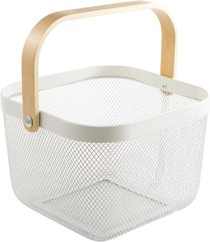 AJIODA Metal Mesh Steel Basket, Storage Organizer Basket Multi-functional Hanging Kitchen Baskets Fruit Basket Bin with Bamboo Handle for Kitchen Bathroom Picnic Shopping Decor Cabinet Home, White by AJIODA