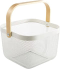 AJIODA Metal Mesh Steel Basket, Storage Organizer Basket Multi-functional Hanging Kitchen Baskets Fruit Basket Bin with Bamboo Handle for Kitchen Bathroom Picnic Shopping Decor Cabinet Home, White by AJIODA