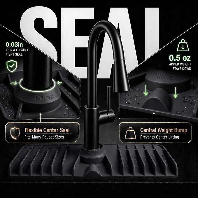 Premium Kitchen Sink Splash Guard – 18" x 5.7" Silicone Faucet Mat with Secure Pressure Clip, True 10° 3D Drainage(No Pooling), Anti-Lift Design, Flexible Leak-Sealing Ring, Non-Slip Fit Behind Faucet - Image 7