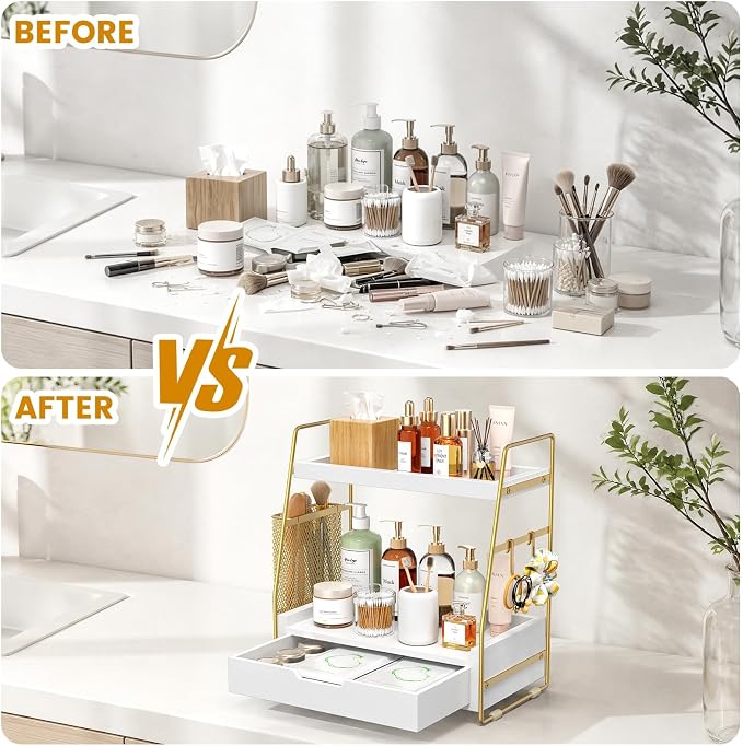 2-Tier Bathroom Counter Organizer with Drawer, Wood Counter Storage Shelf | Bathroom Vanity Organizer Countertop for Makeup, Skincare, Perfume, with Removable Basket, 13.4" x 7.9" x 14.5", White Gold - Image 4