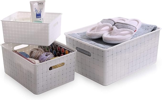 BINO Plastic Basket, Medium - White, 4 Pack, THE STABLE COLLECTION, Multi-Use Storage Basket, Rectangular Cabinet Organizer, Baskets for Organizing with Handles, Home & Office Storage Organizer - Image 4