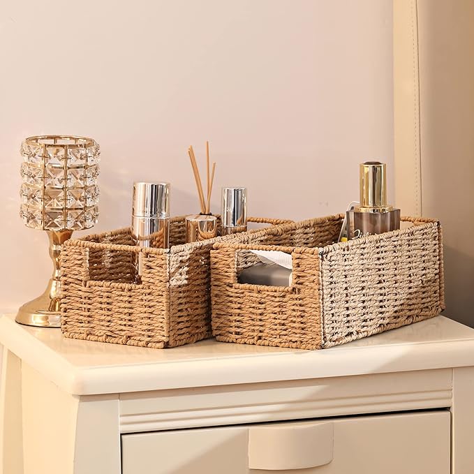 Wicker Storage Basket, Set of 2 Hand-Woven Paper Rope Wicker Basket, Small Storage Baskets for Organizing Toilet Paper Basket, Foldable Large Cube Storage Organizer Bins for Shelves (Natural) - Image 3