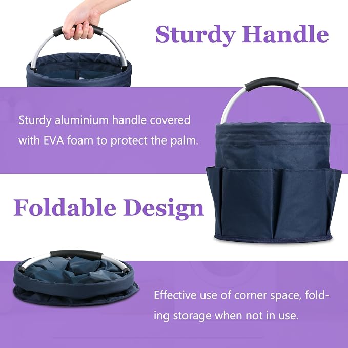 17L Cleaning Caddy with Handle, Portable Shower Caddy in 600D Oxford Fabric, Bucket Tool Organizer with 6 Side Pockets, Collapsible Storage Basket for Cleaning, Camping, Navy Blue - Image 4