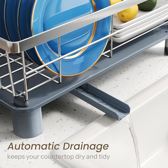 SNTD Dish Drying Rack for Small Kitchen Counter, 11" W x 15" L, Silver | Space Saving, Rotating Spout & Angled Drainboard for Quick Drainage, Stainless Steel, Removable Utensil Holder - Image 4