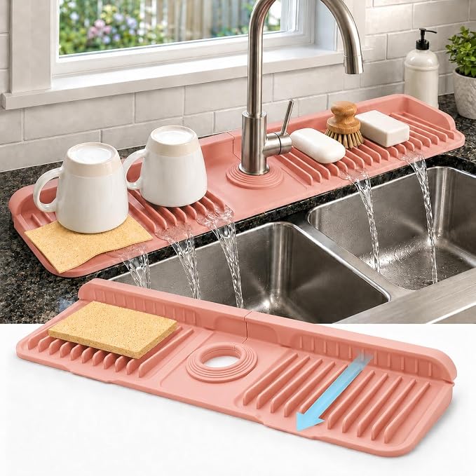 23" Extra Long Silicone Faucet Handle Drip Catcher Tray,7° Sloped Self Draining Mat with Snap-on Design & Soap Holder, Trim-to-Fit Opening,Sink Splash Guard for Kitchen & Bathroom(Pink) by Unknown