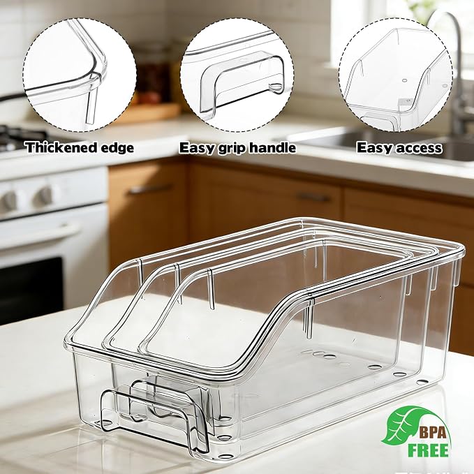 6 Packs Clear Freezer Organizers and Storage Bins with Handle, Stackable Storage Bins Open Front Pantry Bins for Storage and Organization for Bathroom Kitchen Refrigerator Pantry - Image 3
