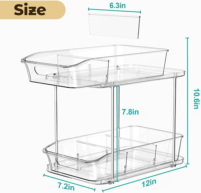 incostar 2 Tier Pull-Out Organizer for Bathroom Kitchen, Under Sink Storage with Dividers, Ideal for Cabinet, Cupboard Organization, Slide-Out Clear Storage, 1 Pack - Image 2