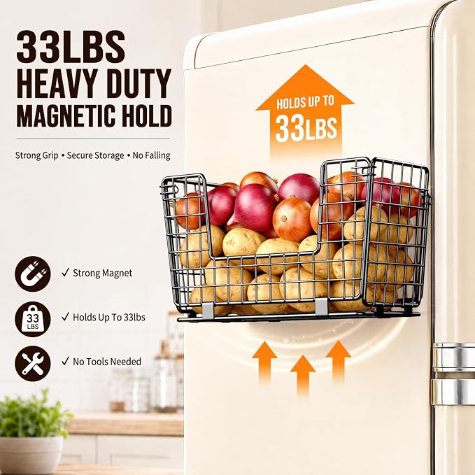 Magnetic Shelf for Fridge - Fruit & Vegetable Storage Organizer | 3Pack Magnetic Spice Rack for Refrigerator, Onion & Potato Storage Bin, Magnetic Basket for Kitchen, Pantry & Laundry Room - Image 2