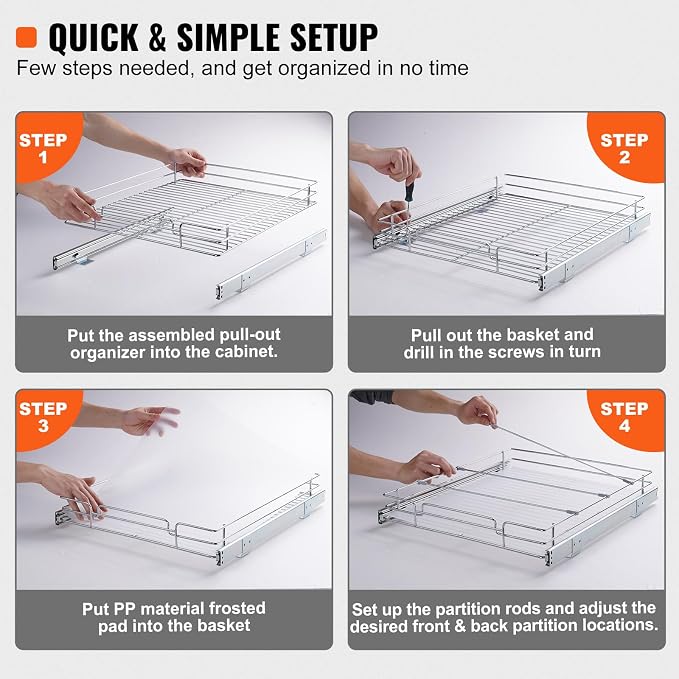 VEVOR 18.5"Wx21"Dx3.5"H Pull Out Cabinet Organizer, Heavy Duty Slide Out Pantry Shelves, Chrome-Plated Steel Roll Out Drawer, Drawer Storage for Home Under Sink, 20"Wx22"Dx7"H Install Size for Cabinet - Image 5
