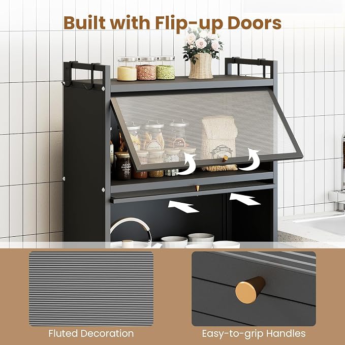 GIANTEX 5-Tier Kitchen Storage Cabinet, 4 PC Doors, Rolling Wheels (Black) | Mobile Metal Pantry Cabinet with 4 Hooks & Adjustable Feet, 60" Baker's Rack Microwave Stand for Dining & Living Room - Image 4
