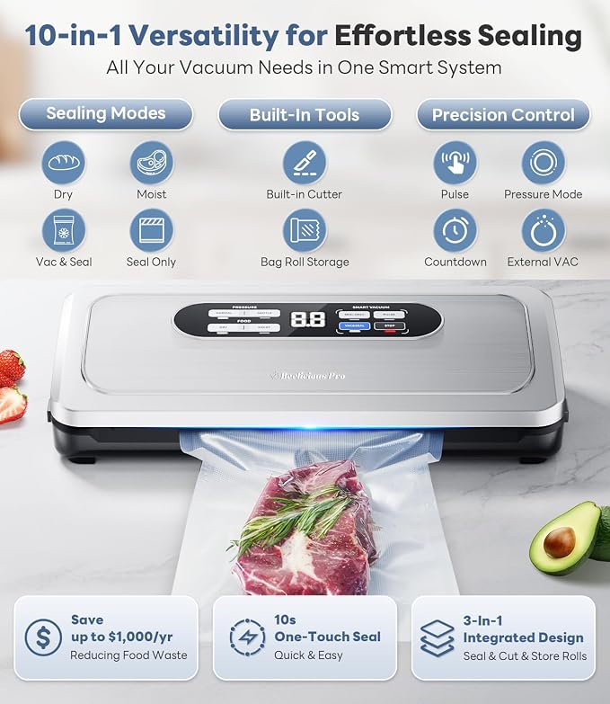 Vacuum Sealer Machine with AirLock ProSeal System, 10-in-1 Vacuum Sealer for Food, Moist/Dry Sealing Modes, Compact Design with Digital Timer, Built-in Cutter & Roll Storage, Stainless Steel - Image 3