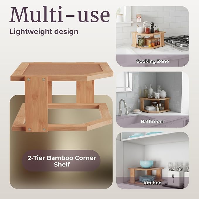 2-Tier Bamboo Corner Shelf for Kitchen or Bathroom Cabinet, Countertop, Cupboard Storage and Organizer, Natural Wood Space Saving Rack by Lavish Home - Image 5
