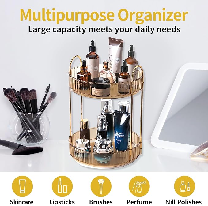 Asayuee 360 Rotating Gold Makeup Organizer,2 Tier Large Capacity Rotating Makeup Organizer,SkincarePerfume Organizer,Bathroom Cosmetics Storage Organizer Countertop (Gold-2 Tier) - Image 6