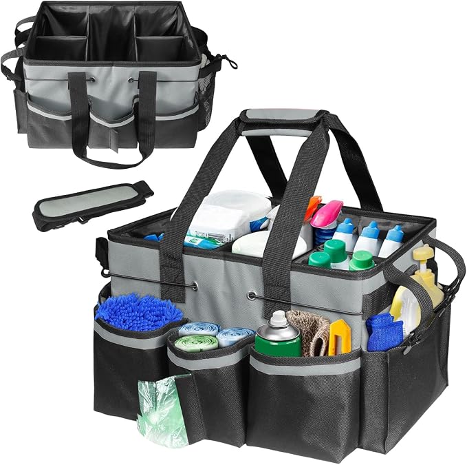 Cleaning Tool Organizer Bag with Handles, Cleaning Caddy, Grey | Cleaning Bag for Housekeepers,Detachable Shoulder Strap & Dividers, for Car Detailing, Housekeeping, Cleaners by Jenlan
