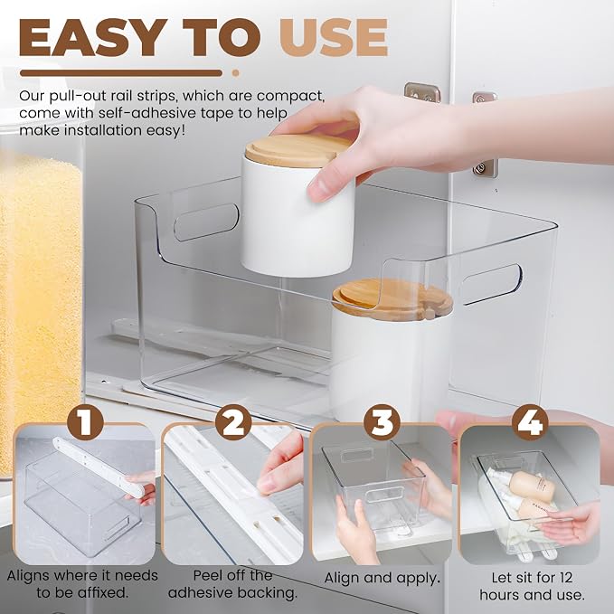 LELE LIFE Adhesive Pull Out Cabinet Drawer Sliders, Drawer Bin Organizer Sliding Rails Guides, No Drill DIY Basket Slides Bottom Mount for Shelf (8 Pack) - Image 4