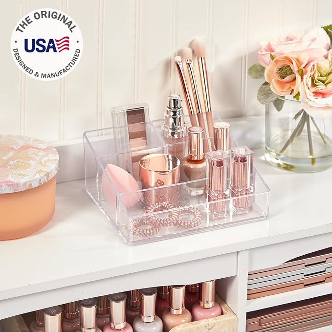 STORi Clear Plastic Small Countertop Vanity Makeup Organizer, Compact Rectangular 4-Compartment Holder for Brushes, Eyeshadow Palettes, & Beauty Supplies, Made in USA (Pack of 2) - Image 2