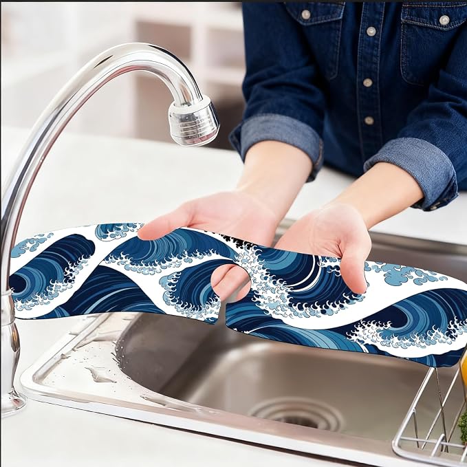 2 Pcs The Ocean Kitchen Sink Splash Guard Faucet Mat The Waves Faucet Mat for Sinks Absorbing Drying Mats for Kitchen Bathroom, 23.6x5.5inch - Image 6