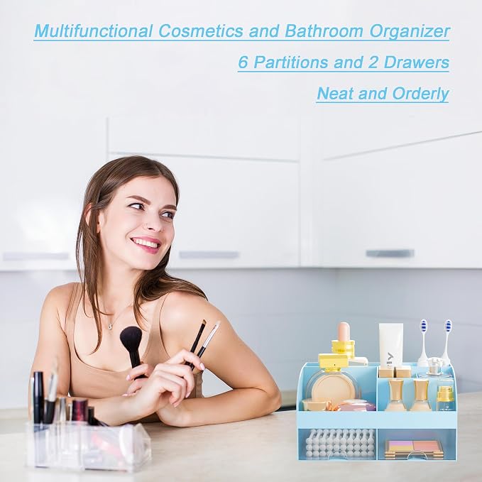 Makeup Organizer with 2 Drawers, Cosmetic Storage for Dresser Vanity and Bathroom Countertop,Make up organization and Skincare Storage with Beauty Brush Holder, Cosmetic Display Case (Blue) - Image 5