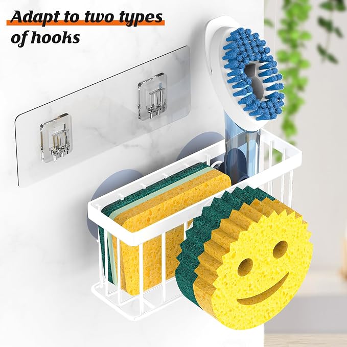 Sponge Holder Smiley Face, Sink Organizer with 2 Suction Cups/1 Adhesive Strips, Designed for Sponge, Soap, Dish Brush, Scrubber - White - Image 3