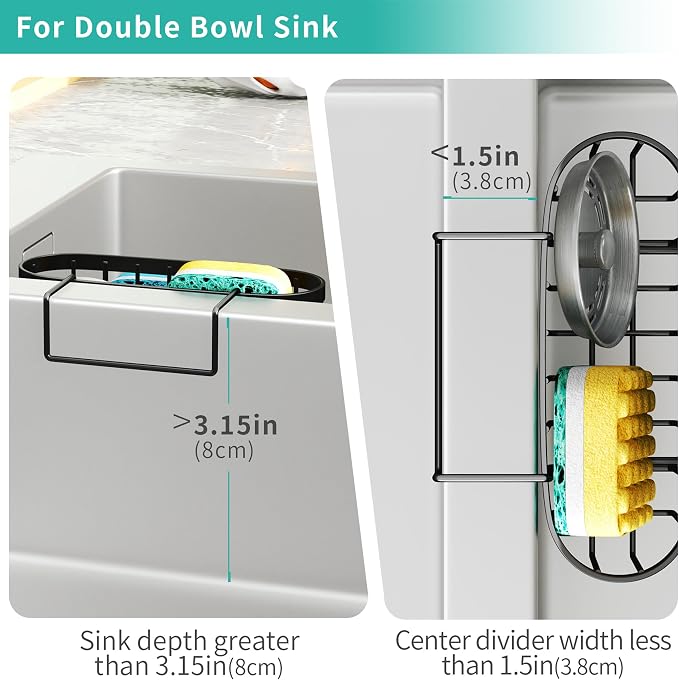 HapiRm Sponge Holder for Kitchen Sink - Rustproof Hanging Kitchen Caddy for Double-Bowl Sink, Center Divider width less than 1.5in- Black - Image 2
