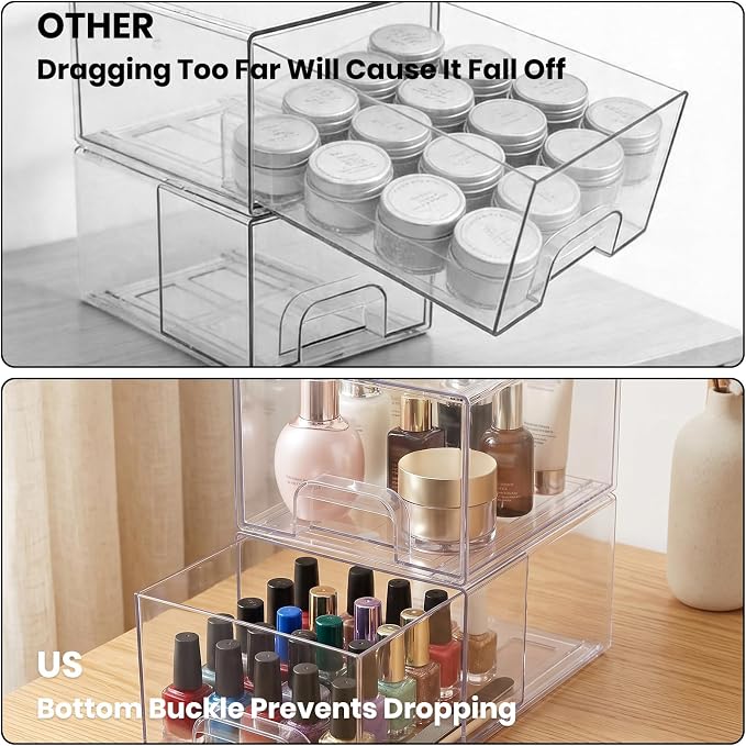 2 Pack Small Clear Stackable Storage Drawers | Acrylic Bathroom Makeup Organizer Plastic Storage Bins For Vanity Undersink Kitchen Cabinets Pantry Home Organization - Image 5