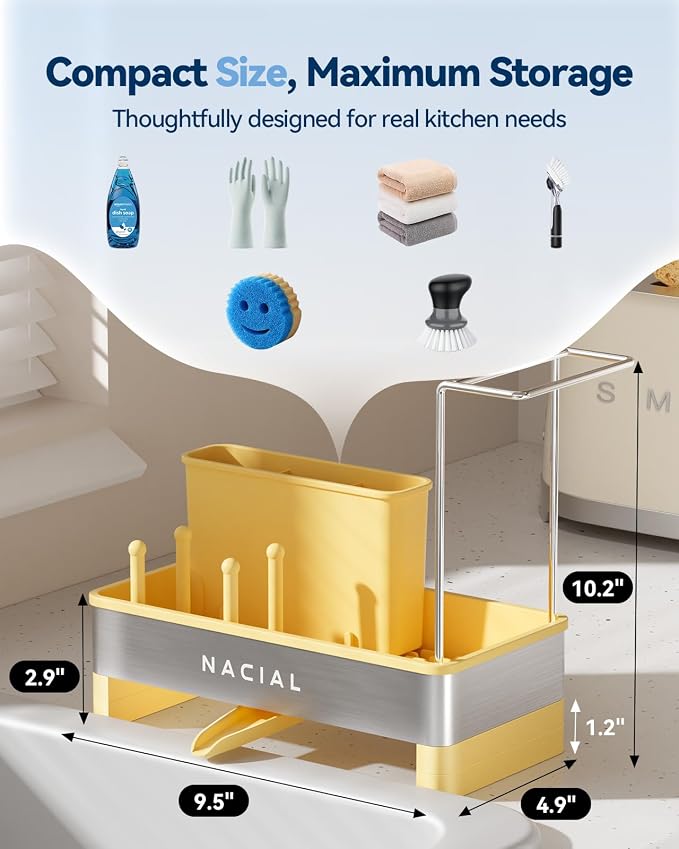 Nacial Kitchen Sink Organizer, Sink Caddy with Sponge & Tall Brush Holder | 304 Stainless Steel Kitchen Countertop Organizer with Double-Bar Towel Holder, Stores Sponge, Brush, Towel & Sink Essentials - Image 2