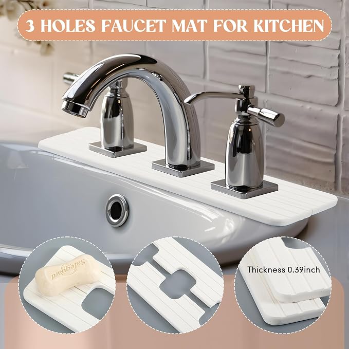 Teenyyou 3 Square Hole White Faucet Mat Kitchen Sink 16.14" x 4.49" | Bathroom Faucet Absorbent Mat,Diatomite Splash Guard,Quick Drying Drip Catcher,Hole 1.97",Holes Spaced About 1.97" - Image 4