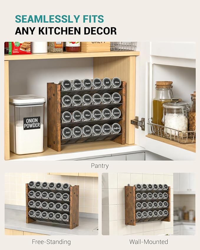 Spice Rack Organizer with 24 Glass Jars, for Cabinet Wall Mount Countertop | 4-Tier Seasoning Organizer with Labels, Chalk Marker & Funnel for Pantry, Kitchen Storage, Wood,12.2 in W x 9.4 in H - Image 7