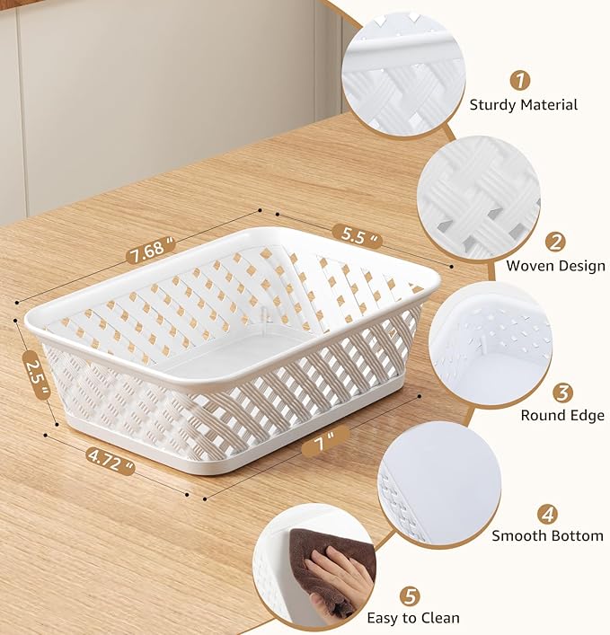 MaxGear 3 Pack Plastic Storage Baskets, Small, White | Durable Woven Plastic with Built-In Handles, Suitable for Shelves, Closets, Cabinets, Bathrooms and Offices - Image 2