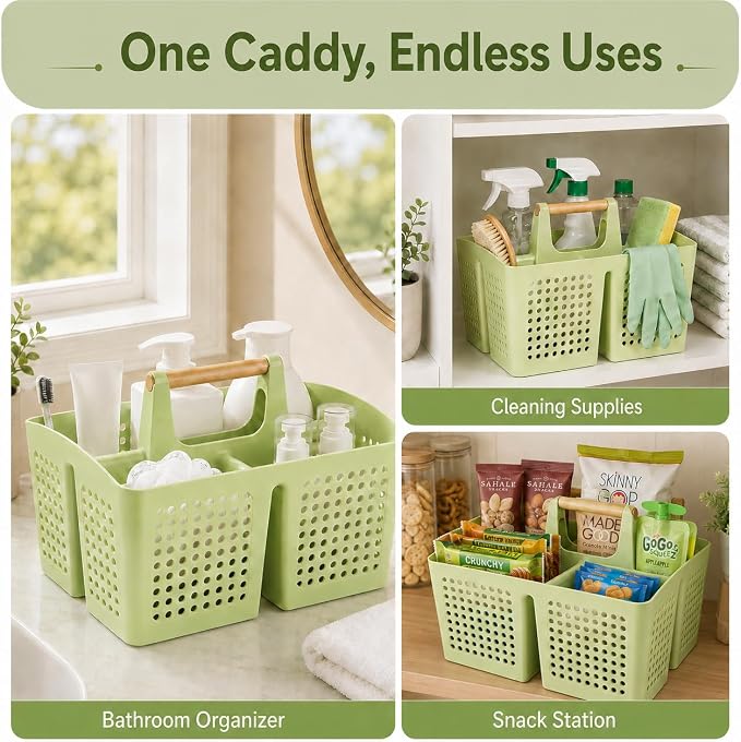 Portable Shower Caddy Basket with 3 Compartments and Handle, Grass Green | Plastic Divided Storage Caddy for Camping, RVs, Outdoor Showers, Bathrooms, Laundry Rooms and Cleaning Supplies - Image 7