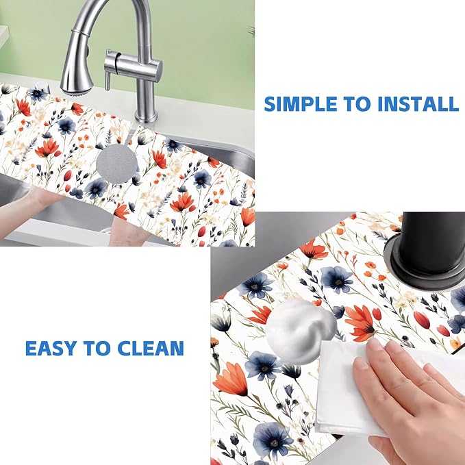 Watercolor Red and Blue Flowers Sink Faucet Absorbing Mat Sink Splash Guard Faucet Mat Draining Mat Fast Drying Sink Protectors for Kitchen and Bathroom 5.5"×24" - Image 5