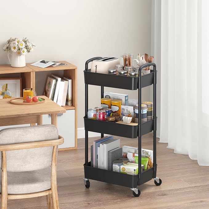 Sywhitta 3-Tier Plastic Rolling Utility Cart with Wheels for Storage,Black | Multi-Functional Storage Trolley, for Office, Living Room, Kitchen, Bathroom,Movable Organizer,Space-Saving,Easy to assemble - Image 4