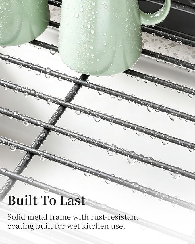 SAYZH Expandable Dish Drying Rack for Kitchen Counter, Metal, Grey | Foldable Over Sink, Large Capacity, Rust-Resistant, Adjustable for Most Sinks, Automatic Drainage, Removable Utensil Holder - Image 7