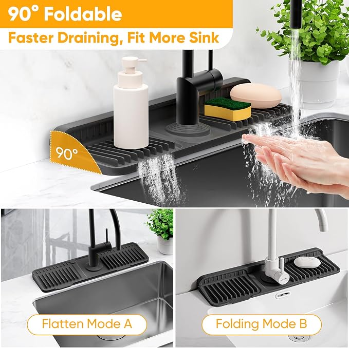 17.7'' Folding Faucet Mat for Kitchen Sink Splash Guard[7° Slope Fast Self-draining][Snap Lock Fit] Kitchen Sink Faucet Mat Splash Guard Kitchen Sink Area Water Splash Guard Behind Faucet Draining Mat - Image 6