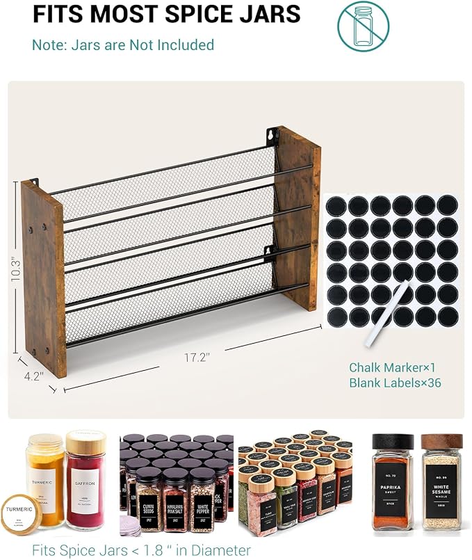 Spice Rack Organizer for Cabinet, Wood Countertop Shelf, No Jars Included | Holds 36 Standard 4 oz Jars, Fits Jars Under 1.8 in Wide, 4-Tier Kitchen Seasoning Organizer, Wall Mount, 17.2" W x 10.3" H - Image 2